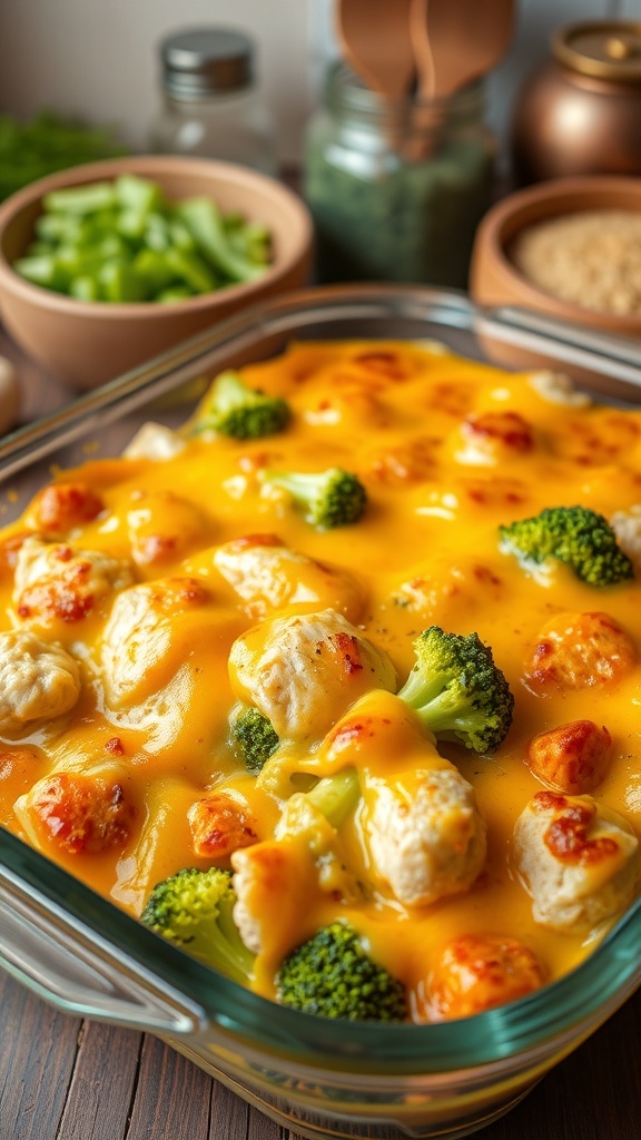 Cheesy chicken and broccoli casserole in a meal prep container, showcasing chicken, broccoli, and melted cheese.